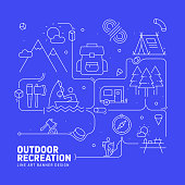 istock CAMPING AND OUTDOOR RECREATION Related Line Style Banner Design for Web Page, Headline, Brochure, Annual Report and Book Cover 1409853972