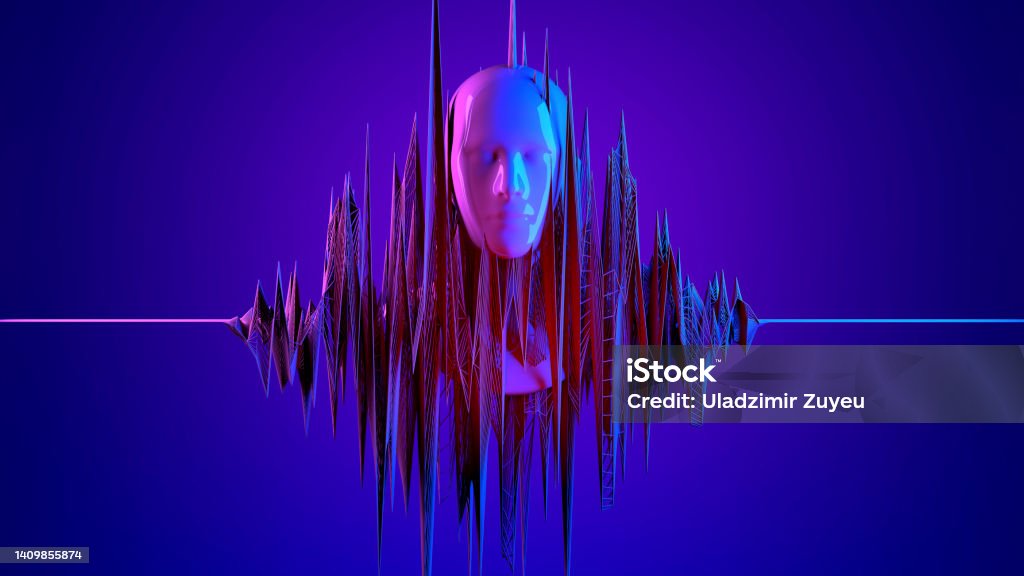 3d digital human face in abstract sound data wave flow. Futuristic had on blue background. Metaverse, artificial intelligence Ai concept. Eyesight Stock Photo