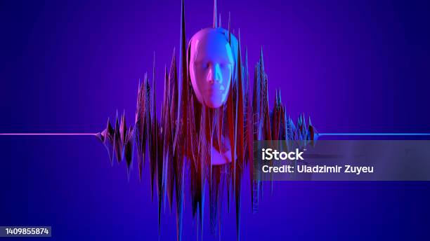 3d Digital Human Face In Abstract Sound Data Wave Flow Futuristic Had On Blue Background Metaverse Artificial Intelligence Ai Concept Stock Photo - Download Image Now
