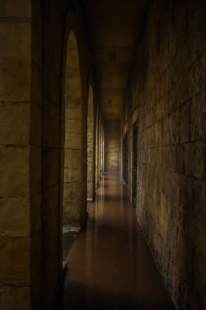 pasillos oscuros entre habitaciones con luz - spooky corridor horror entrance hall fotografías e imágenes de stock