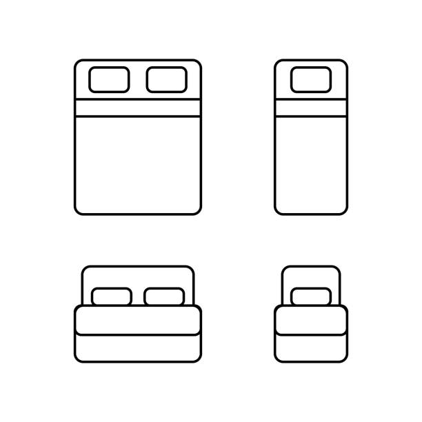 односпальная и двуспальная кровать, мебель с подушкой и икона линии одеяла. интерьер спальни, спальни в доме или гостинице. векторный конту� - sheet single bed bed duvet stock illustrations