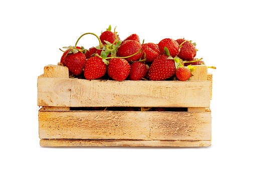 Ripe sweet red strawberries in wooden box isolated on white background. Close-up.