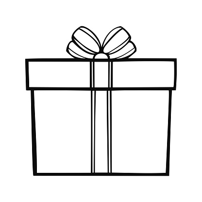 Square gift box with festive ribbon, vector monochrome illustration on white background