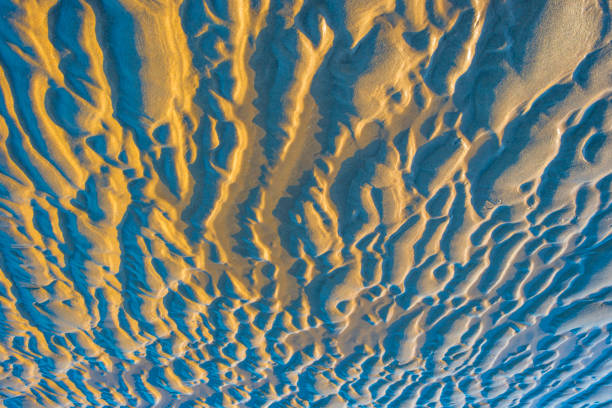 plage de sable et dunes de sable le long d’une mer sous un ciel bleu à un lever de soleil lumineux en été - beach sunrise waterbreak sea photos et images de collection
