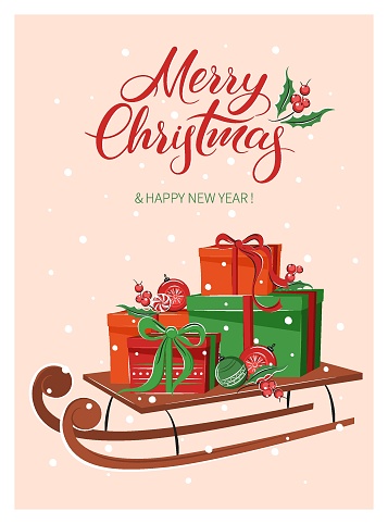 Christmas card with set gifts, with winter decorations sleigh ride. Lettering Merry Christmas and New Year holiday. Vector illustration