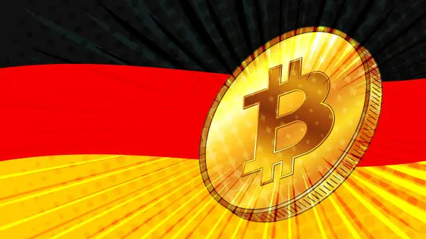 Vector illustration of Gold coin of Bitcoin BTC and colored flag of Germany on background. Central Bank of Deutschland adopts laws on mining and digital assets.