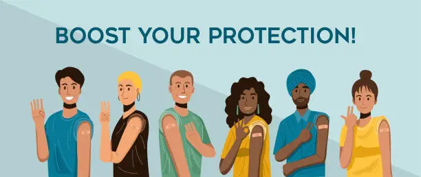 Vector illustration of Happy people showing their arms after receiving booster covid-19 vaccination