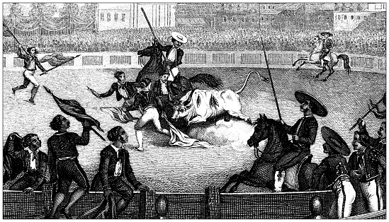 Antique engraving illustration, Civilization: Bullfight, Spain