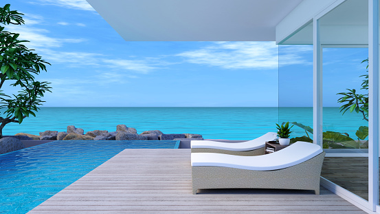 Seascape view from a luxury modern house. Taken view of wooden terrace with swimming pool and pool side bed with bright blue sky and white cloud background. 3d illustration.