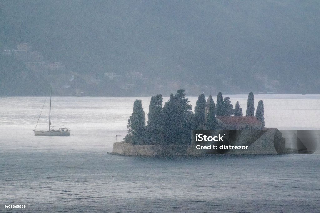 Montenegro, Perast, summer rain on the island Architecture Stock Photo