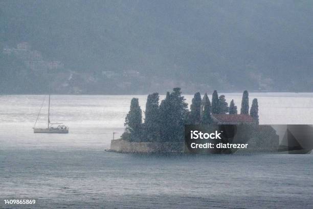 Montenegro Perast Summer Rain On The Island Stock Photo - Download Image Now - Architecture, Balkans, Bay of Water