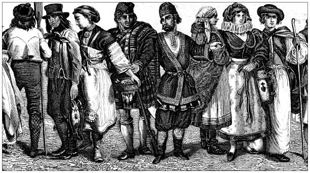 istock Antique engraving illustration, Civilization: Traditional clothes, Norway, Finland, Scotland, Russia, Hungary 1409866370