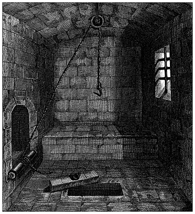Antique engraving illustration, Civilization: Torture room, 14th century