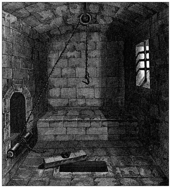 Antique engraving illustration, Civilization: Torture room, 14th century Antique engraving illustration, Civilization: Torture room, 14th century medieval torture drawings stock illustrations