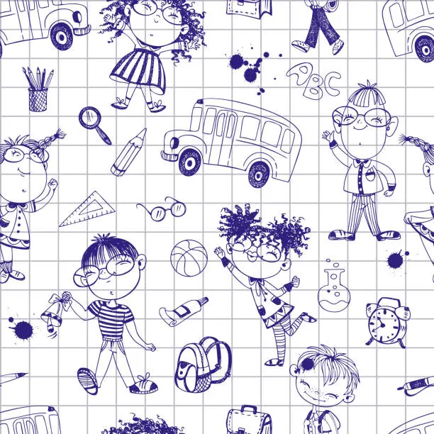 Vector illustration of Seamless pattern on a school theme with schoolchildren and school accessories. Back to school. Drawing with a pen in a notebook. Vector