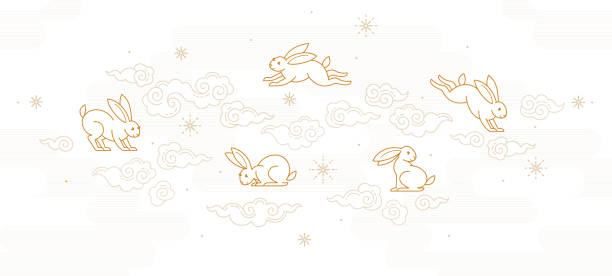 ベクターバナー、既製のカードテンプレート。ウサギの星座の中国語のイラスト。中国の太陰暦の2023年のシンボル。シネカレンダー。 - うさぎ点のイラスト素材／クリップアート素材／マンガ素材／アイコン素材
