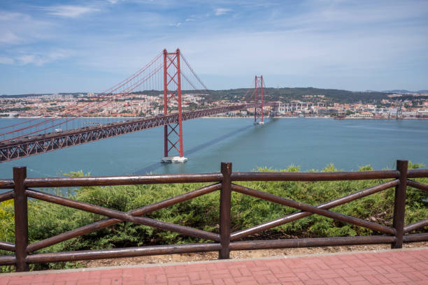 View to famous red bridge Ponte 25 de Abril in Lisbon Portugal in summer day.