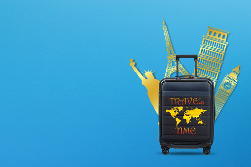 Suitcase with famous places icon design. Travel around the world concept on blue background