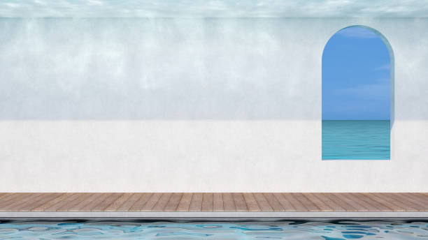 istock White stucco paint wall with arch void and wooden deck at swimming pool. Light caustic on the wall with clear sea bright and blue sky in background. 3D illustration. 1409870892