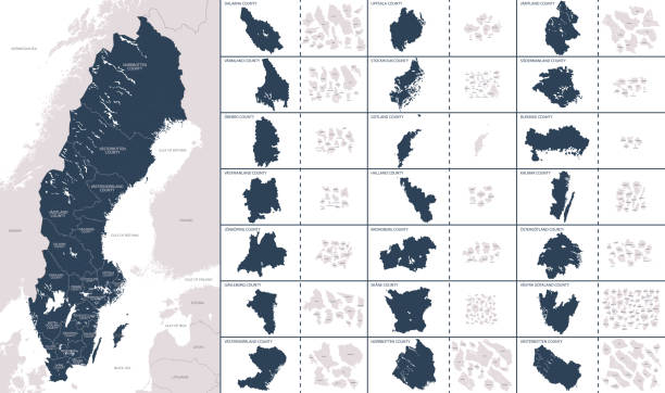 ilustrações, clipart, desenhos animados e ícones de mapa detalhado da cor vetorial da suécia com as divisões administrativas do país, cada região é apresentada separadamente e dividida em municípios - stockholm silhouette sweden city