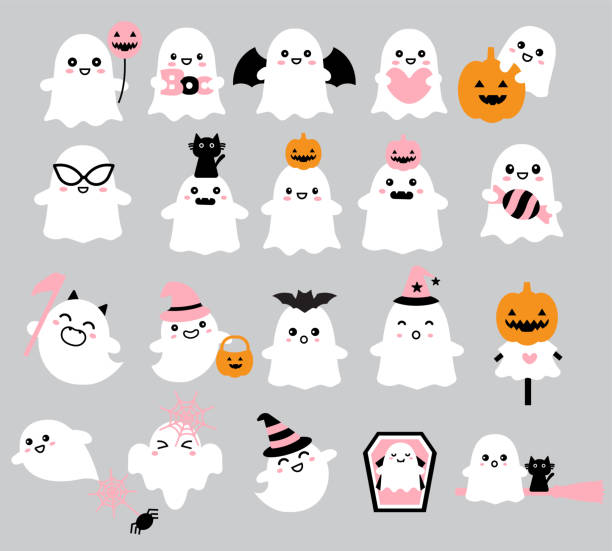 귀여운 유령 할로윈 변경 가능한 얼굴, 아이콘 디자인 .vector 일러스트 레이 션의 세트 - halloween candy illustrations stock illustrations