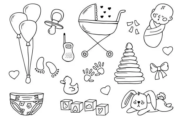 Vector illustration of Newborn baby items.