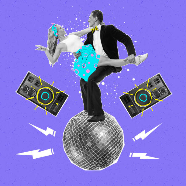 istock Contemporary art collage. Creative design. Passionate couple dancing tango at disco party isolated on blue background 1409874572