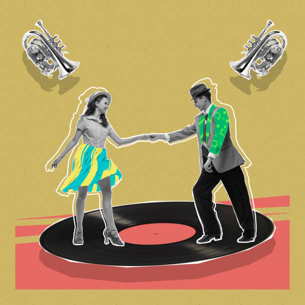istock Contemporary art collage. Creative design. Beautiful couple dancing tango at vinyl record. Dance club 1409874575