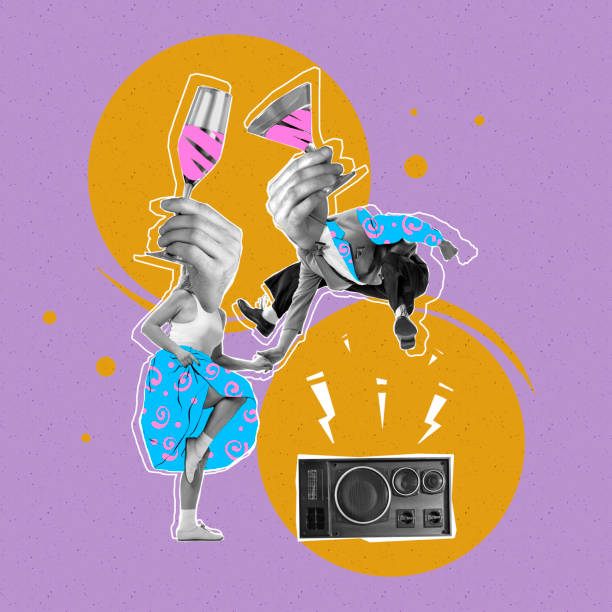 istock Contemporary art collage. Creative design. Stylish young people cheerfully dancing, drinking alcohol, having fun 1409874580