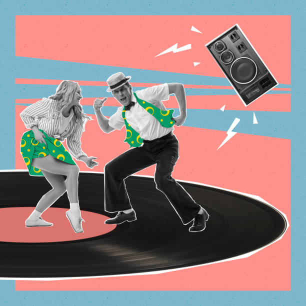 Contemporary art collage. Creative design. Emotive young people cheerfully dancing vinyl record. Enjoyment