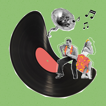 Contemporary art collage. Man and woman in vintage outfit dancing at giant vinyl record isolated on green background. Concept of creativity, retro style, party, fun. Copy space for ad