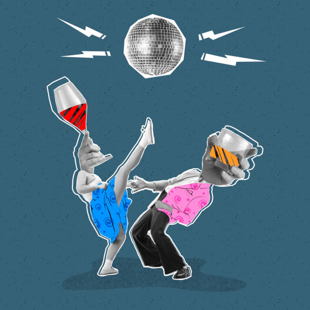 istock Contemporary art collage. Creative design. Cheerful couple headed with alcohol glasses dancing at disco party 1409874596