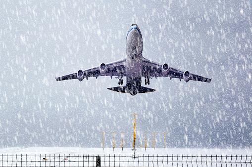 Passenger Plane is Taking off on Snowy ground