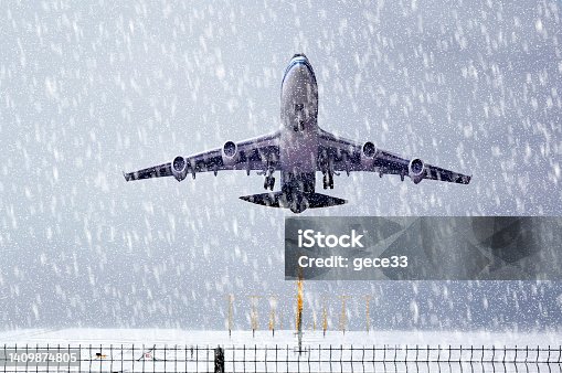 istock Passenger Plane is Taking off on Snowy ground 1409874805