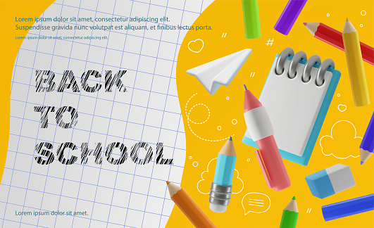 Back to school vector illustration in modern 3d style. Floating pens and pencils, a notebook and a plane with doodle drawings on a yellow background
