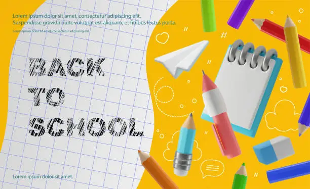 Vector illustration of Back to school vector illustration in modern 3d style