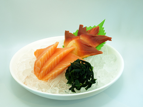 hokkigai salmon with seaweed sashimi