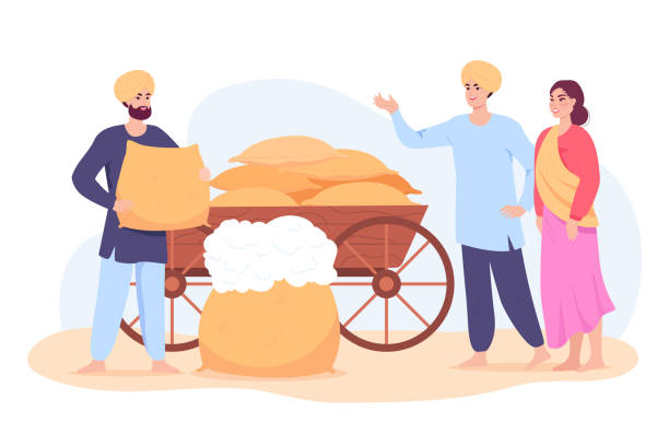 Indian cartoon farmer sacks of cotton Indian cartoon farmer sacks of cotton. Agricultural farm business, village in Maharashtra, rural people buying cotton from man flat vector illustration. Agriculture, farming, India concept for banner village maharashtra stock illustrations