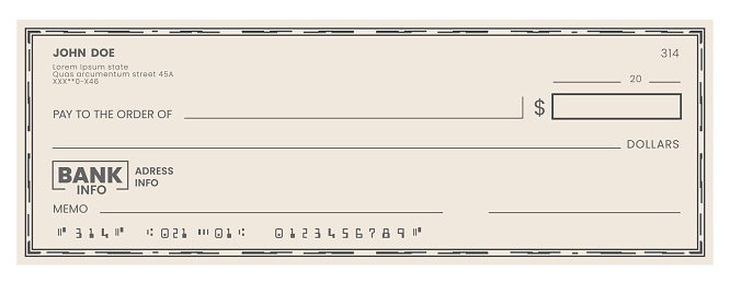 Blank bank check, checkbook cheque template, vector money payment voucher. Bank cash pay cheque or paper certificate and credit paycheck coupon from checkbook of financial account