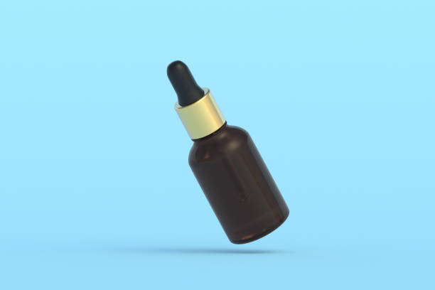 istock Flying cosmetic bottle with pipette on blue background. 3d render 1409878646