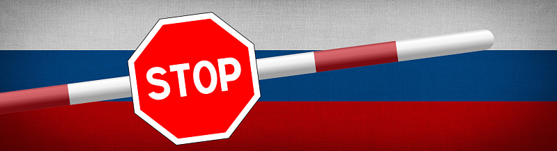 Flag of Russia, barrier and stop sign