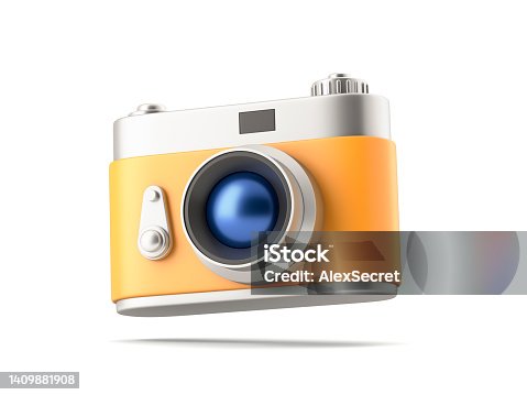 istock Yellow retro camera on white background 1409881908
