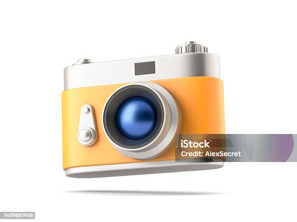Yellow Retro Camera On White Background Stock Photo - Download Image Now - Camera - Photographic Equipment, Three Dimensional, Travel