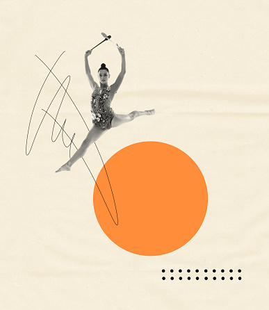 Creative design. One young graceful female rhythmic gymnast training, jumping with clubs. Drawn elements. Concept of creativity, action, motion, sport life, competition. Retro style. poster, ad
