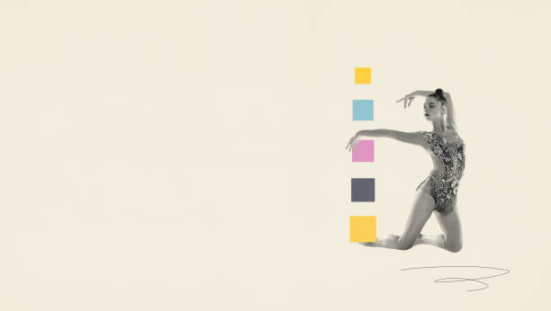 istock Creative design. Young beautiful girl, professional rhythmic gymnast posing over beige background. Flyer 1409882009