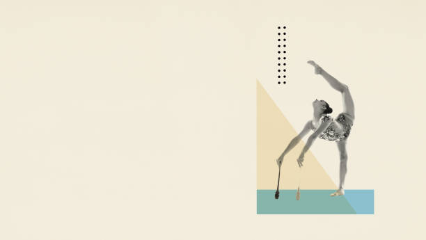istock Creative design. Young flexible female rhythmic gymnast training with clubs in motion. Flyer 1409882011
