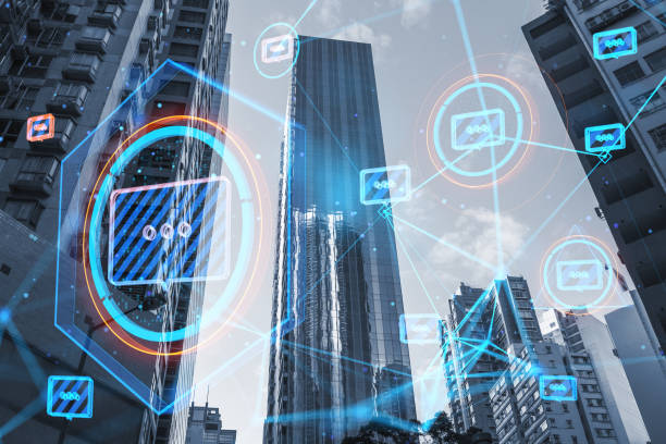 istock Creative glowing connected communication hologram on blurry city wallpaper. Technology and wireless networking concept. Double exposure. 1409882192