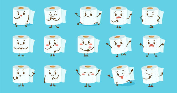 Emoticons with cute comic toilet paper vector illustrations set Emoticons with cute comic toilet paper vector illustrations set. Funny toilet roll for washroom cartoon character with different emotions isolated on blue background. Hygiene, emotions concept emoji original stock illustrations