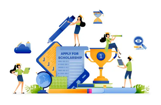 Vector illustration of Design of outstanding students fill out scholarship application form. reduced tuition fees and learning opportunities. Illustration for landing page website poster banner mobile apps web brochure ads