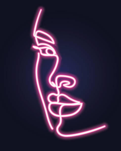 abstraktes neonfrauenporträt lineare kunst über dunklem hintergrund. vektor-illustration - t shirt shirt pink blank stock-grafiken, -clipart, -cartoons und -symbole